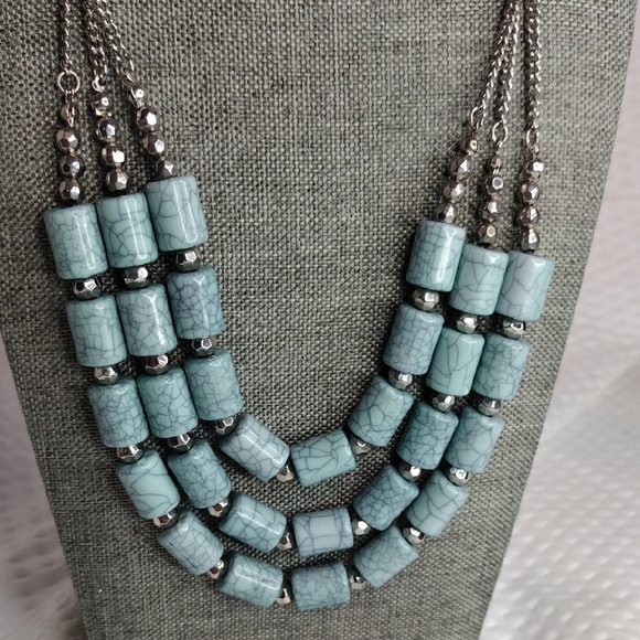 Bocar Silver and Simulated Turquoise Barrel Beaded Necklace and Earring Set - Picture 3 of 5